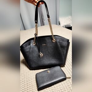 FURLA BLACK CHAIN LEATHER TOTE AND WALLET  EUC AUTHENTIC